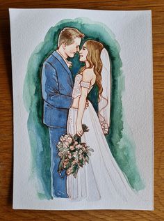 a watercolor painting of a bride and groom holding each other's foreheads