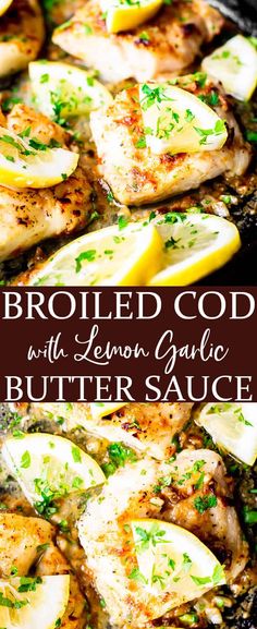 grilled chicken and lemon garlic butter sauce in a skillet with text overlay