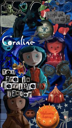 a collage of various images with the words coraline on it and an image of two