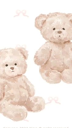 two teddy bears sitting next to each other on top of a white background with pink bows