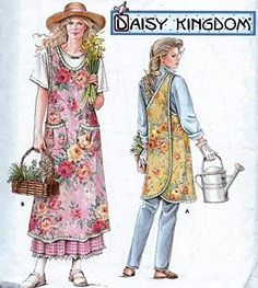 two women wearing aprons and hats, one is holding a watering can while the other has