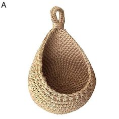 a large woven basket hanging from the side on a white background with text overlay