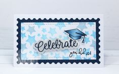 a blue and white congratulations card with a graduation cap on it