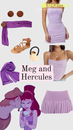 a woman in purple dress and accessories with text overlay that reads mega and herrules