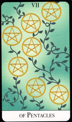 the seven pentacles are arranged in four different circles, with leaves on each side