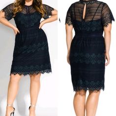 City Chic Scalloped Lace Dress Navy Floral Formal Dressy New With Tags **Small Pull To The Fabric Near The Armpit Area. Please See The Last Photo. Above Knee Scalloped Edged Crew Neckline Short Sheer Sleeved With Eyelash Trims Fitted Silhouette Invisible Side Zip Closure Lined Stretch Lace Fabrication Womans Size: 24 (City Chic Size Xxl) Navy Blue With Slightly Contrasting Thread On The Flowers A6-0424 Wedding Guest Dressy Mother Of The Bride Party Cocktail Scalloped Lace Dress, Bride Party, Jasmine Dress, A Line Cocktail Dress, City Chic Dresses, Green Floral Dress, Light Blue Sweater, Festival Dress, Fitted Silhouette