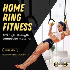 a woman doing an exercise on a pull up bar with the text home ring fitness abs high - strength composite material shop now