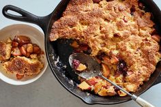 a skillet with some food in it next to a bowl