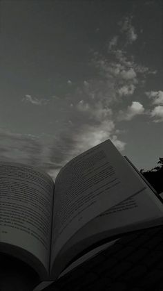 an open book sitting on top of a wooden table next to a tree and cloudy sky