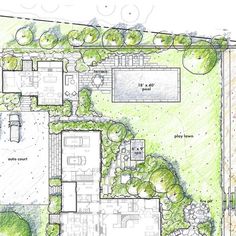 a drawing of a house with lots of trees and bushes in the front ground plan