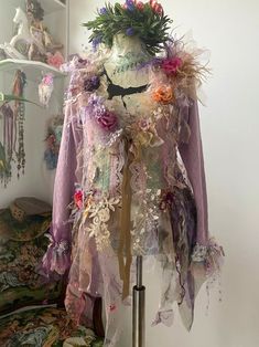 Bohemian art to wear jacket altered couture redesigned refashion jacket boho chic hippie chic embellished jacket fairy gypsy mori girl boho Boho Clothing Patterns, Tier Decorations, Fairy Jacket, Fluffy Clothes, Statement Jackets, Upcycled Clothes, Diy Jacket, Fairy Dresses, Altered Couture