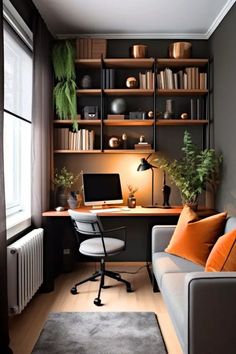 a living room filled with furniture and bookshelves next to a computer on top of a desk