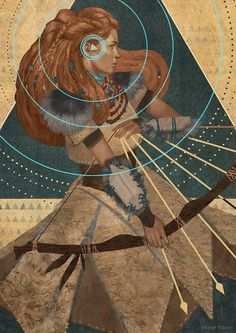 a woman with long hair holding a bow and arrow in her hands, surrounded by geometric shapes