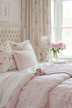 a bed with pink and white comforters in front of a window filled with flowers