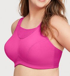 Wear this comfortable sports bra for full coverage and limited bounce. Reinforced wire-free cups provide excellent support. Made of polyester, nylon and elastane. Wireless, multi-part cups with angled seams for shape have non-stretch fabric at top and ultra-light padding at bottom for support. Open mesh panel at center of neckline provides breathability and coverage. Moisture-wicking fabric keeps you cool and dry. Sewn-on elastic underband for secure hold. Ventilated athletic mesh underside for To Be A Woman, Best Bras, Comfortable Bras, Mesh Panel, Moisture Wicking Fabric, Leotards, Custom Fit, Stretch Fabric, Violet