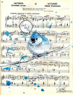 a blue bird sitting on top of music sheets with words written in english and french