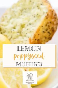 lemon poppy seed muffins on a white plate with the words lemon poppy seed muffins