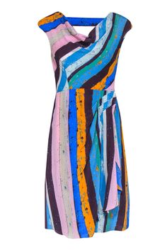 Current Boutique-Plenty by Tracy Reese - Multicolor Striped Silk Cowl Neck Dress Sz 4 Pink Vertical Stripe Summer Dress, Pink Vertical Striped Summer Dress, Casual Multicolor Striped Dresses, Casual Multicolor Dresses With Vertical Stripes, Casual Multicolor Vertical Stripe Dresses, Casual Multicolor Dress With Vertical Stripes, Spring Party Dresses With Vertical Stripes, Multicolor Silk Dresses With Vibrant Print, Striped Summer Dresses For Party