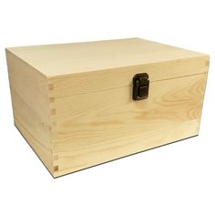 a large wooden box with a latch on the front and side opening is shown against a white background