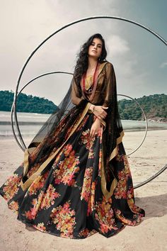 Golden and Black Lehenga Choli Organza Floral Lehenga, Floral Organza Lehenga, Black Salwar, Plus Size Lehenga, Floral Dupatta, Golden Lehenga, Blouse Lehenga, Choli Dress, Printed Organza