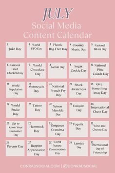 July Content Calendar Ideas. Social Media Content Ideas July Special Days and Events. Country Jokes, National Days