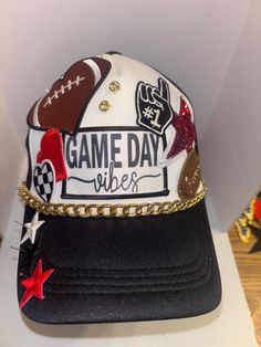 Football Game Day Vibes themed Trucker Patch Hat. Message me your school colors.  These are the hottest trend on social media today. Great for festivals, concerts, night life and everyday wear. This foam trucker hat is fully adjustable and offered in hat colors Black, White, Light Pink, Neon Pink, Neon Yellow and Green Camouflage. Custom Hats avail. One size fits all. $35 Small Print: patch, mama, cowboy, hat, faith, rock and Roll, trucker, patch, cap, chain, iron on, sew on, festival, concert, Ladies Football Hat, Trendy Adjustable Snapback Hat With Letter Print, Fun Snapback Hat With Letter Print For Streetwear, Trendy Snapback Baseball Cap For Sports Events, Trendy Snapback Baseball Cap For Sports, Fun Adjustable Letter Print Baseball Cap, Fun Adjustable Hat With Graphic Print, Fun Adjustable Graphic Print Hat, Novelty Snapback For Streetwear