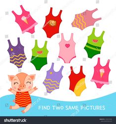 find two same pictures in the children's swimsuits game with pig and other animals