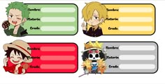 anime character name tags with cartoon characters on them