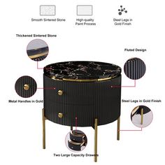 an image of a black and gold round table with its contents labelled in english text