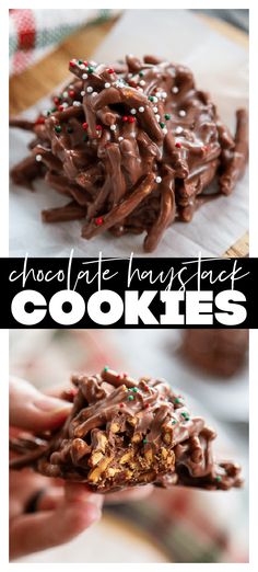 chocolate haystack cookies with sprinkles on the top and in the middle