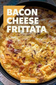 bacon cheese frittata in a cast iron skillet with the title above it