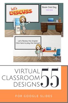 the virtual classroom 5 for google slides are shown in three different screens, one with a cartoon