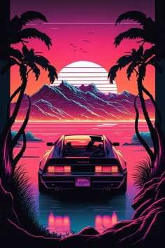 a car parked in front of palm trees at sunset