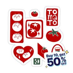 red stickers with different types of vegetables and fruits on them are shown in the shape of a heart