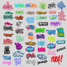 various graffiti font and colors on a white background