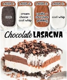 chocolate lasagna layered cake with layers of whipped cream and chocolate chips