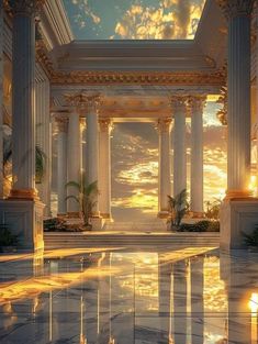 an empty building with columns and pillars in the background at sunset or sunrise, it is reflecting light on the floor