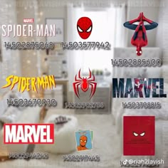 spiderman and other superhero logos are on display in the living room, with white walls