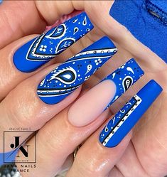 Blue Bandana Nails Design, Royal Blue Bandana Nails, Bandana Acrylic Nails, Bandana Print Nails, Blue Bandana Nails, Cholo Nails, Royal Blue Nails Acrylic, Bandana Nail Art, Ginger Nails