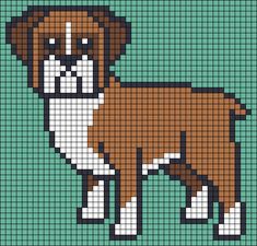 a brown and white dog on a green background with squares in the shape of an animal