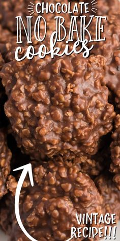 chocolate no - bake cookies stacked on top of each other with text overlay