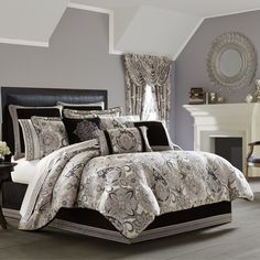 Guiliana Silver/Black 4-Piece Comforter Set Comforter Sets By J. Queen New York Black Velvet Bed, Luxury Comforter Sets, Damask Bedding, Queens New York, King Comforter Sets, Bed Skirt, Queen Comforter Sets, Queen Comforter, Medallion Design