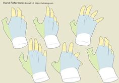 six pairs of blue and green gloves with yellow fingertipss on each hand, set against a beige background