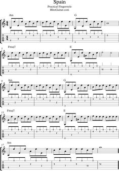 the guitar tab for spain, with notes and chords