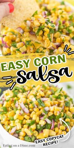 easy corn salsa recipe in a bowl with tortilla chips