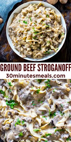 two images showing different types of ground beef stroganoni casserole with mushrooms and parsley