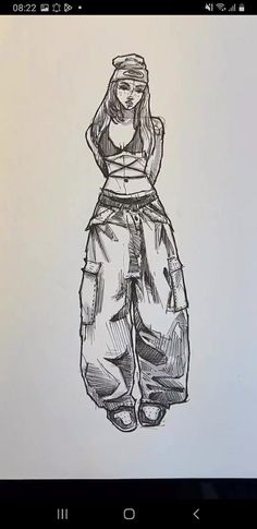 a drawing of a woman wearing pants and a hat