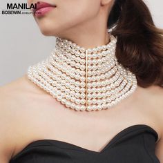 Choker Necklace Wedding, Handmade Bib, Beads Choker, Big Necklace, Layered Choker Necklace, Pearl Statement Necklace, Layered Chokers, Pearl Choker Necklace, Necklace Wedding