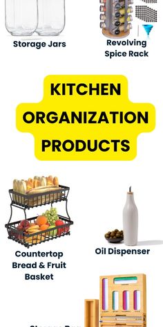 the kitchen organization products list is shown in yellow and black, with text overlaying it