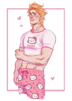 a drawing of a man in pink pajamas with hello kitty on his shirt and shorts